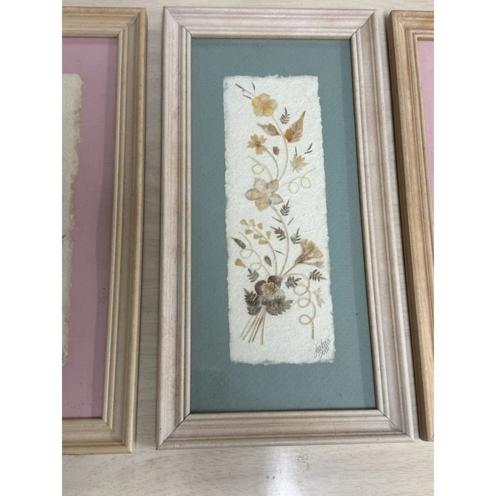 Vintage 'Wildflower' Pressed‎ Floral Botanical Panels Pink and Blue Background